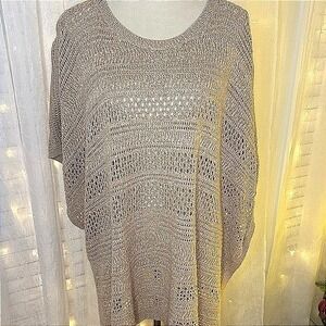 J Jill Open Knit Sweater Poncho One Size Beige Boho Lightweight Crochet Top